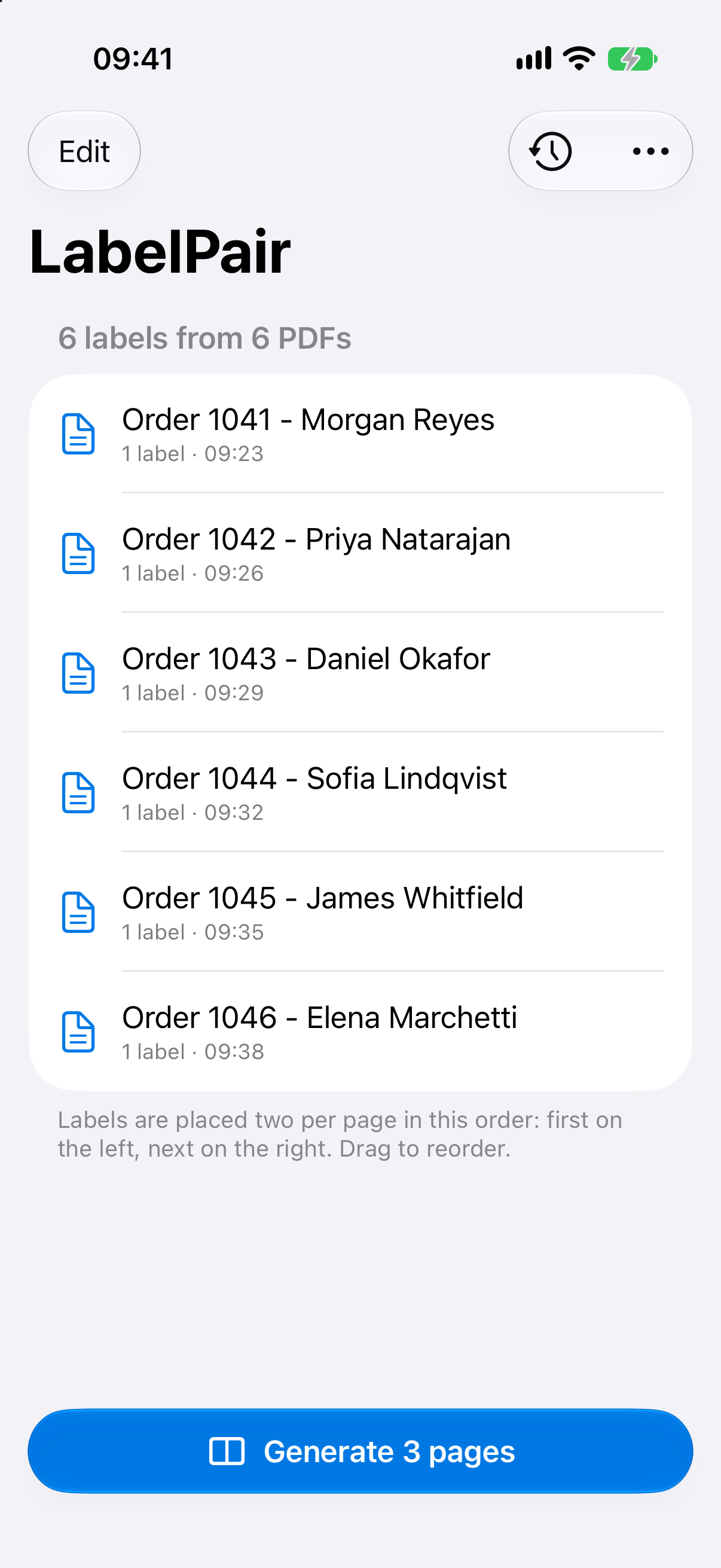 LabelPair queue showing six shipping labels ready to generate
