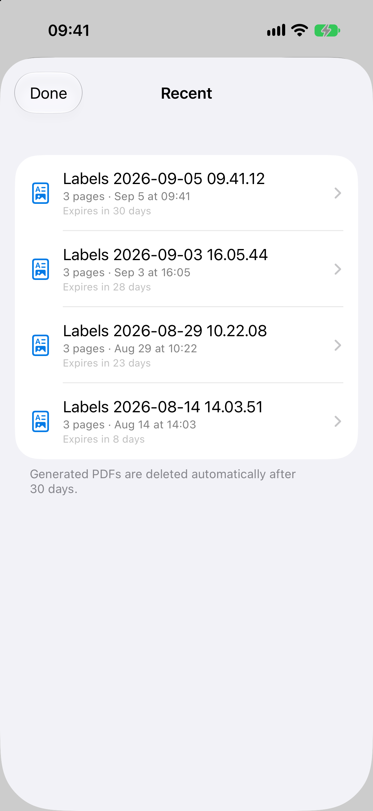 Recent list of generated PDFs