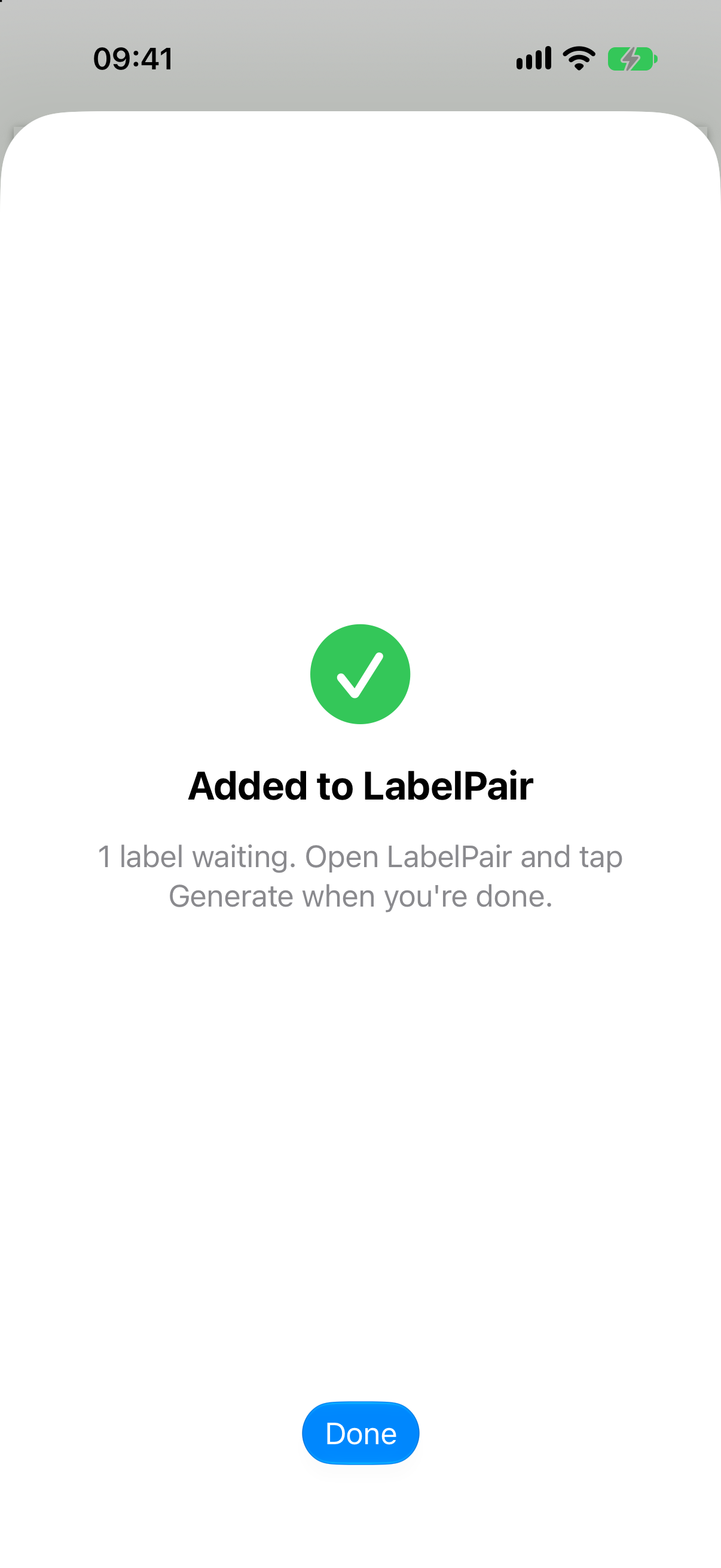 The share sheet confirming a label was added to LabelPair